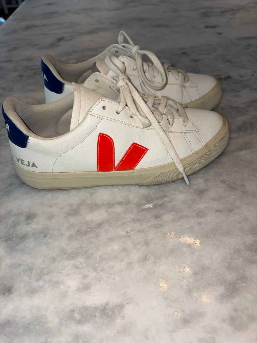 Veja White Leather Sneakers with Red V and Navy Heel
